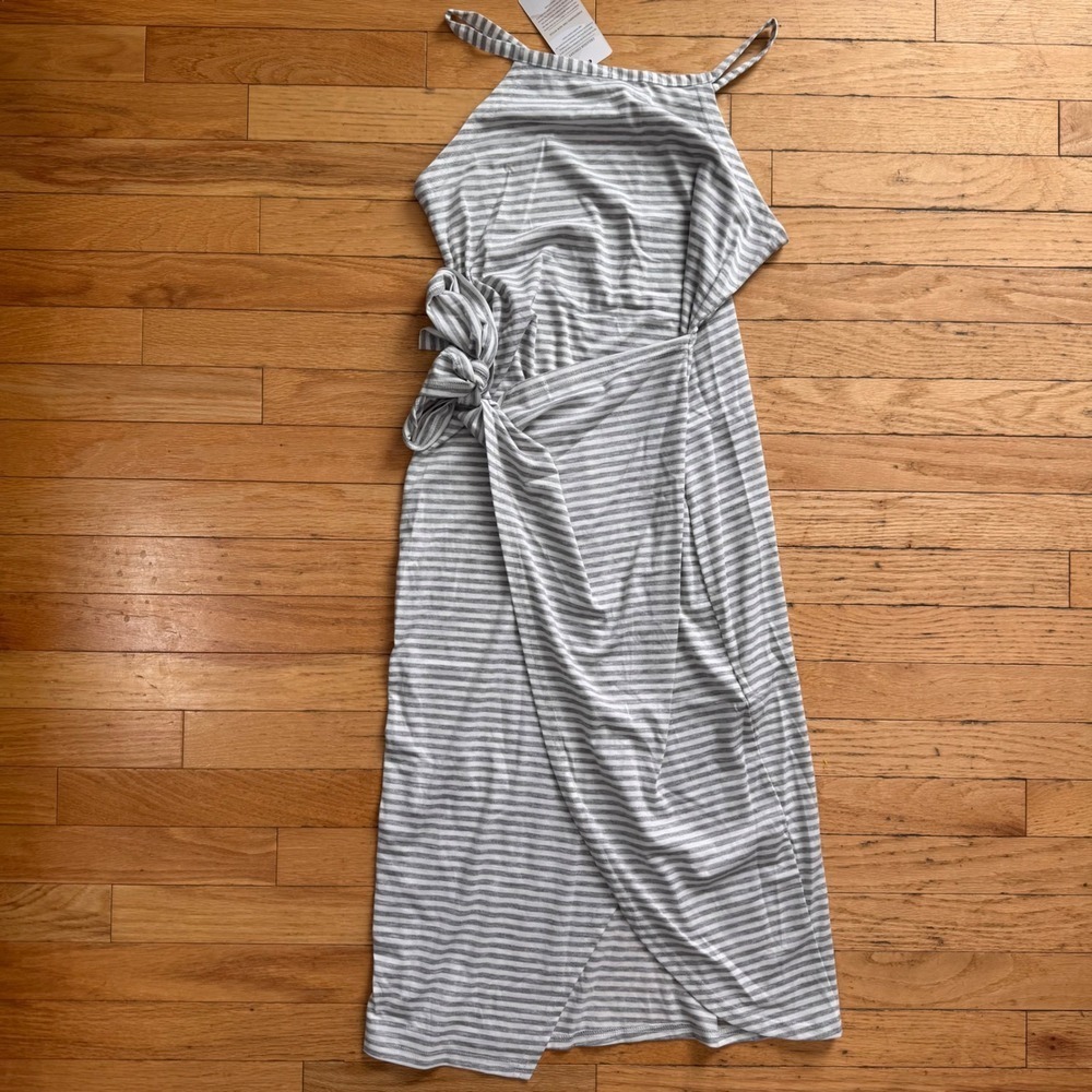 Fashion Grey‎ White Striped Halter Side Tie Wrap Midi Dress Size Medium NWT